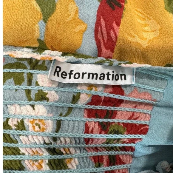 Reformation Enya Midi Dress Light Blue Floral Ruffle Hem Tie Strap Size 12 - Picture 8 of 12